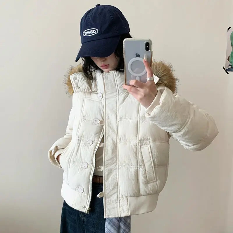 Women’s Short Hooded Outerwear – Warm Fur Collar Puffer Jacket