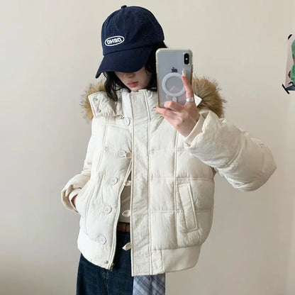 Women’s Short Hooded Outerwear – Warm Fur Collar Puffer Jacket
