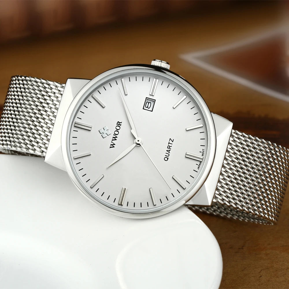 Men’s Ultra-Thin Gold Mesh Watch –Luxury Stainless Steel Waterproof Wristwatch with Date Display