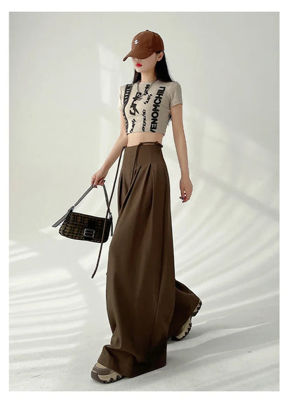 Women’s Streetwear Wide Leg Pants Bottom – Korean High Waist Lace-Up Suit Trousers, Elegant Black Summer Fashion