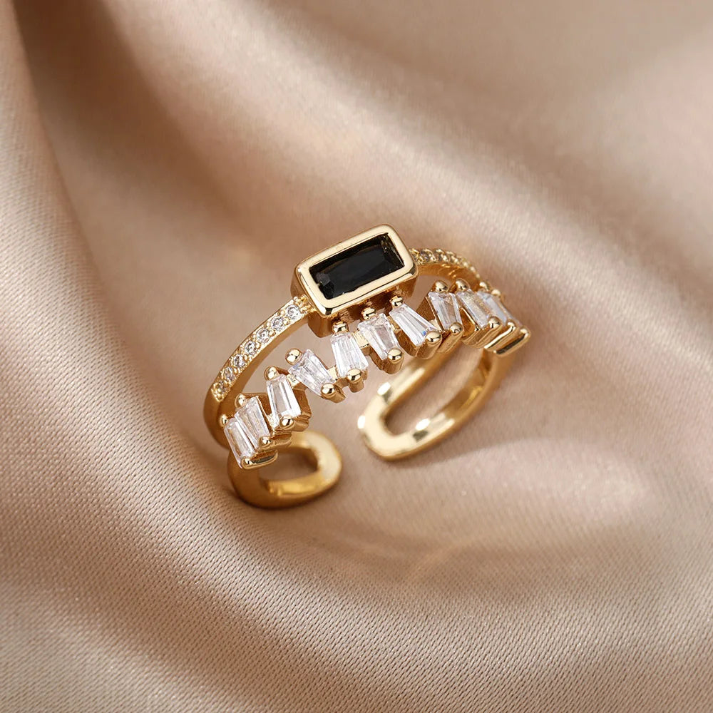 Women’s Jewelry Green Zircon Open Ring | Classic | Double Layer | Gold Plated