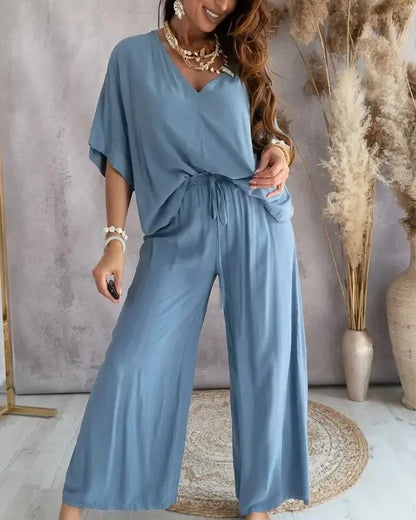 Women’s White V-Neck Bat Sleeve Set Casual Loose Lace Up Wide-Leg Pants Elegant Outfit