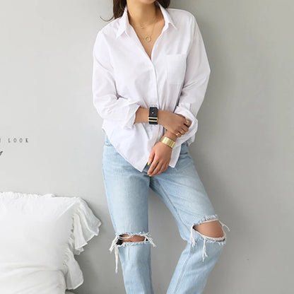 Women’s White Cotton Blouse – Long Sleeve Casual Office Shirt Elegant OL Style Top