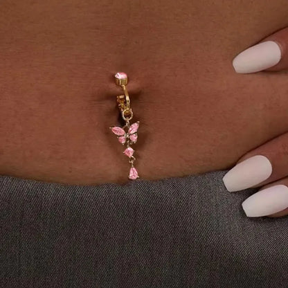 Women’s Clip-On Belly Button – Butterfly Zircon Pink Fake Navel Piercing Jewelry