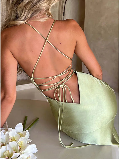 Women’s Satin Spaghetti Strap Dress – Elegant Backless Lace-Up Split Hem Long Party Maxi Dress