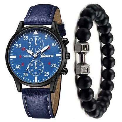 Men’s Luxury Watch Jewelry Set – Leather Strap Fashion Wristwatches Gift Pack with bracelet