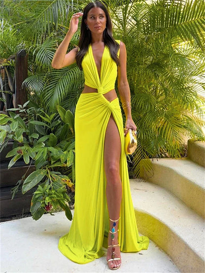 Women’s Summer Beach Maxi Dress – Hollow Out Twist Knot Deep V Split Dress