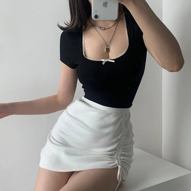 Women’s High Waist Knitted Mini Skirt – Stretch Side Drawstring Slim Fit Clubwear Bottom
