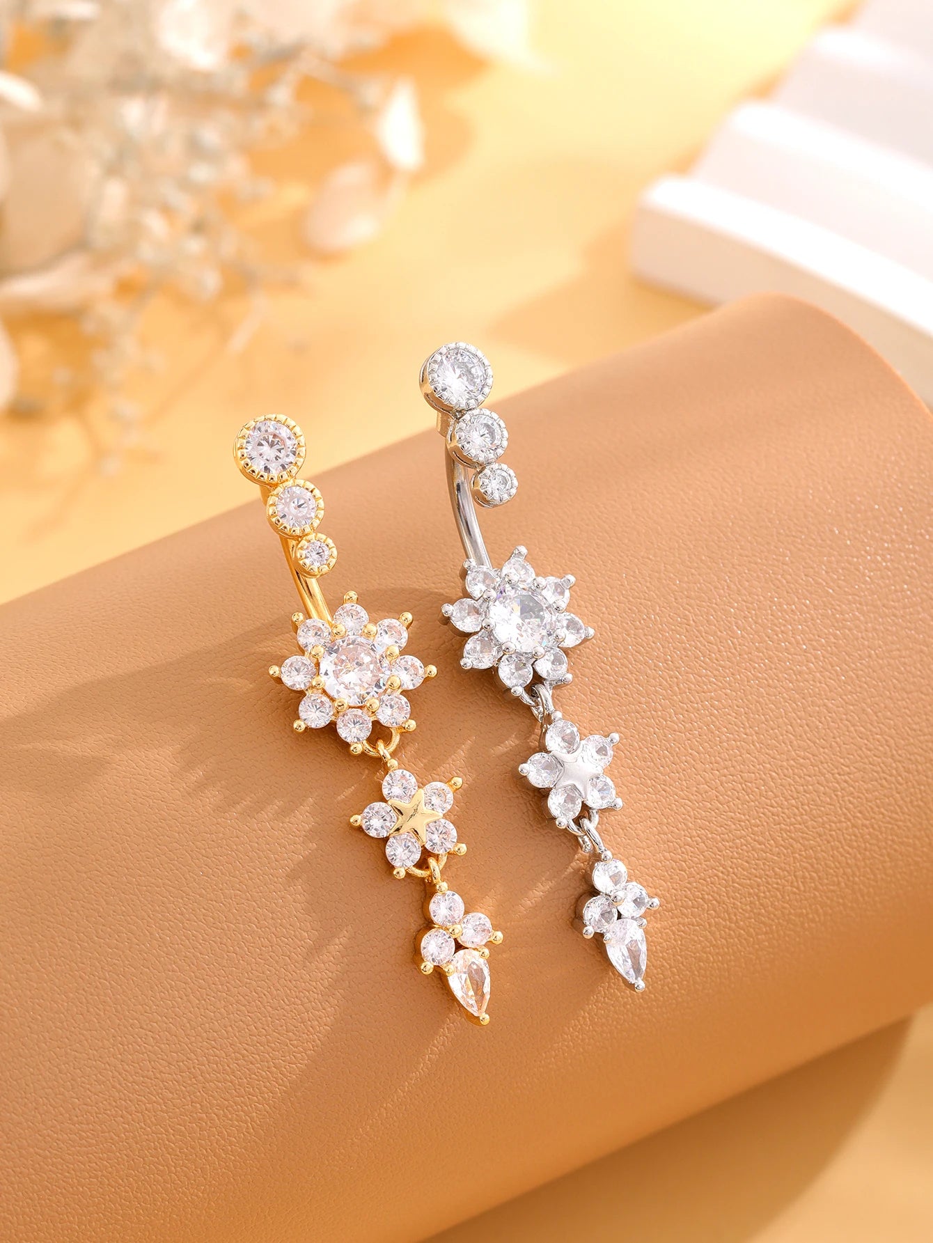 Women’s Gold Stainless Steel Belly Button – Long Dangle Flower CZ Crystal Navel Piercing Jewelry