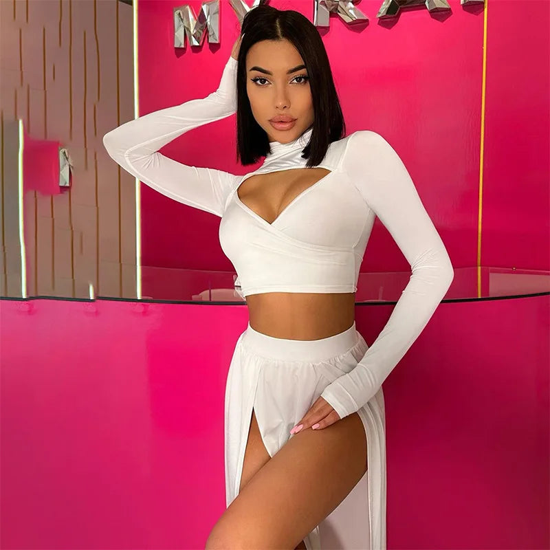 Women’s Solid Slim Hollow Out Crop Top | Long Sleeve Y2K Aesthetic Streetwear | Stylish Short Top