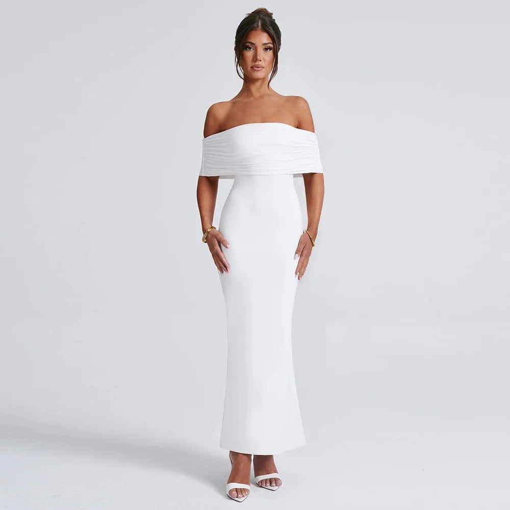 Women’s Off-Shoulder Backless Dress – Elegant Pleated High Slit Evening Party Dress