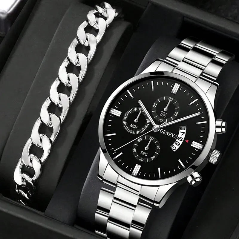 Men’s Luxury Quartz Watch – Business Wristwatch with Calendar and Bracelet Strap Jewelry Set
