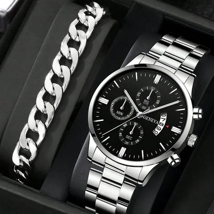 Men’s Luxury Quartz Watch – Business Wristwatch with Calendar and Bracelet Strap Jewelry Set
