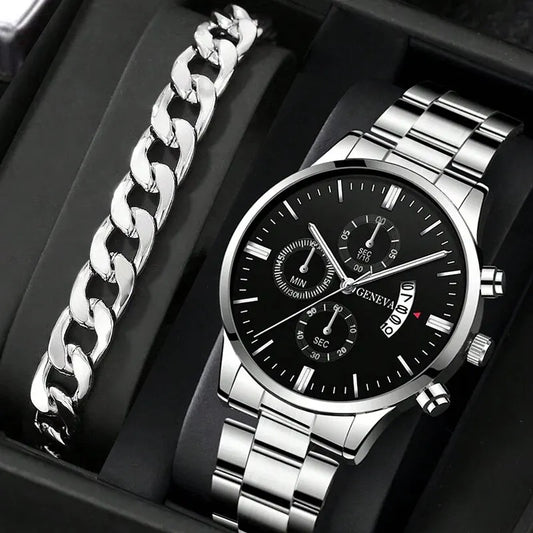 Men’s Luxury Quartz Watch – Business Wristwatch with Calendar and Bracelet Strap Jewelry Set