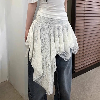 Women’s Asymmetrical Lace Skirt Pants Bottom – High Waist Layered Y2K Vintage Skirt