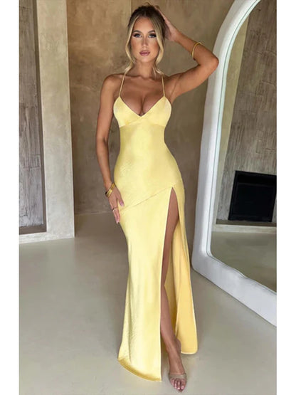 Women’s Satin Spaghetti Strap Dress – Elegant Backless Lace-Up Split Hem Long Party Maxi Dress