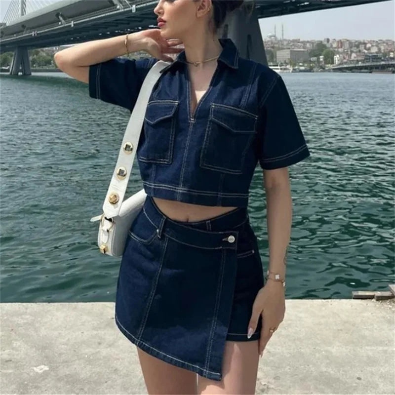 Women’s Blue Denim Sleeve Cropped Shirt | Summer Y2K Streetwear Top And Bottom Set | Stylish Casual Fashion Blouse