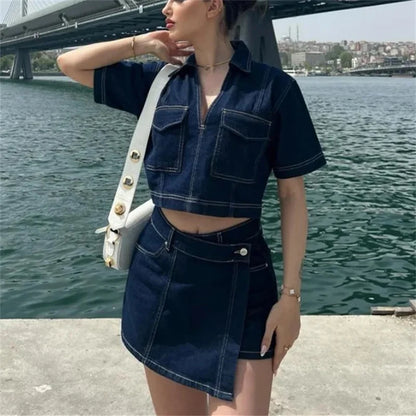 Women’s Blue Denim Sleeve Cropped Shirt | Summer Y2K Streetwear Top And Bottom Set | Stylish Casual Fashion Blouse
