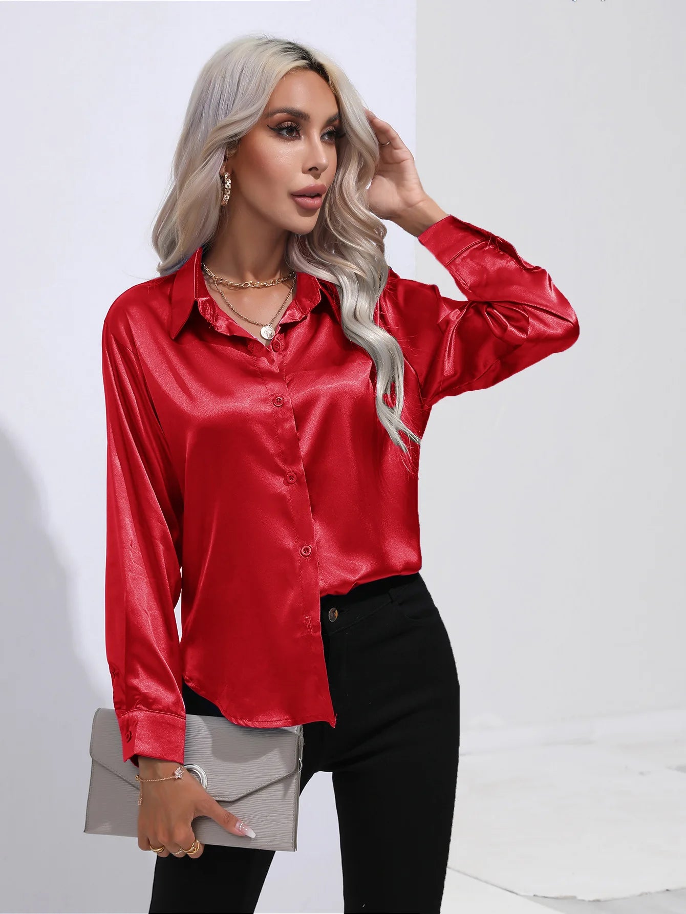Women’s Satin Imitation Silk Shirt | Long Sleeve Lapel Office Top | Elegant Solid Blouse