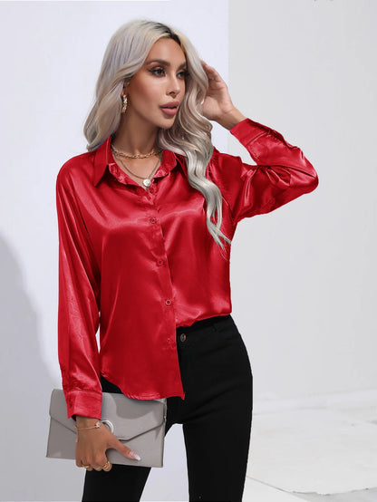 Women’s Satin Imitation Silk Shirt | Long Sleeve Lapel Office Top | Elegant Solid Blouse