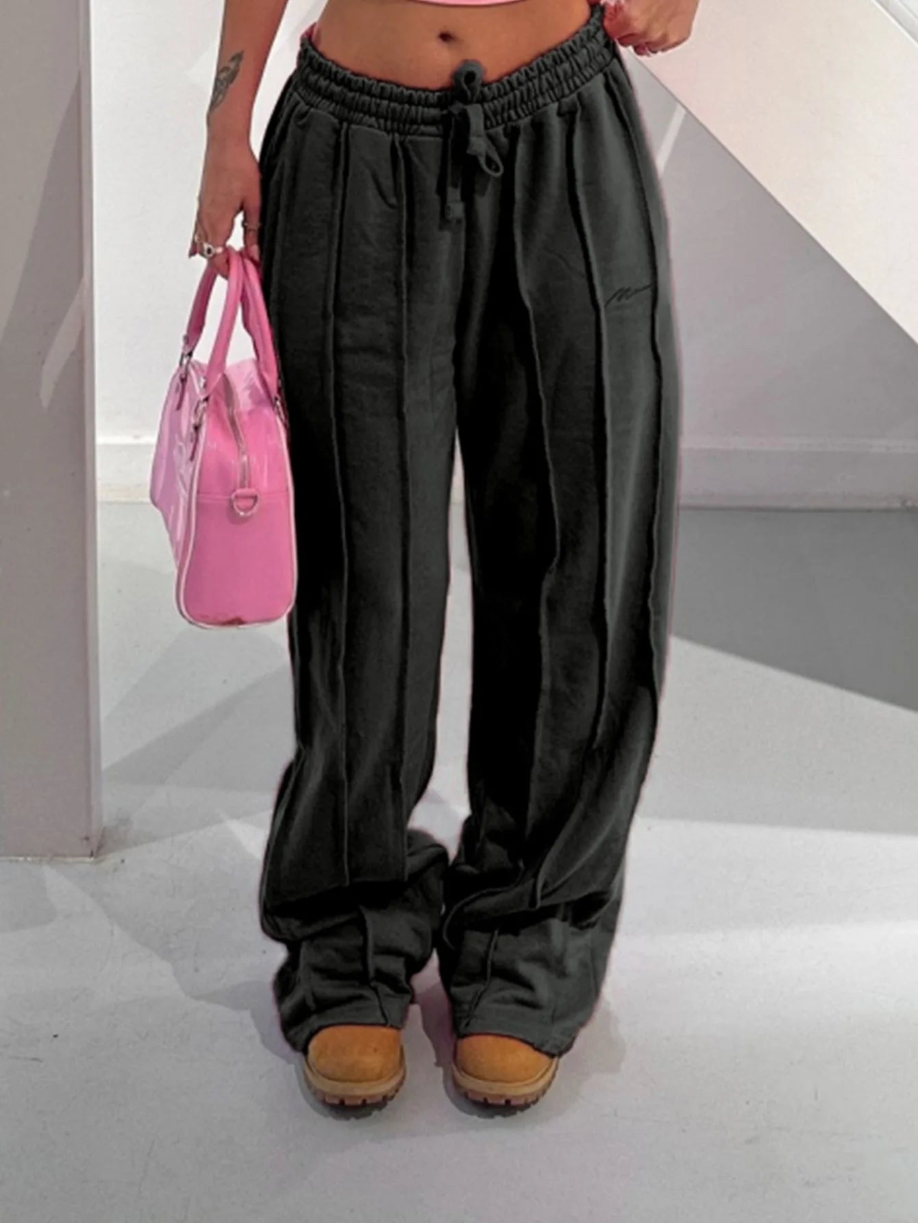 Women’s Mid Waist Wide Leg Pants Bottom – Elegant Office Trousers with Drawstring Loose Fit Y2K Streetwear