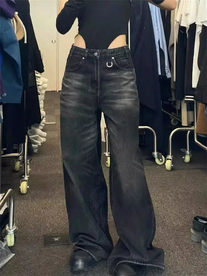Women’s Vintage Black Wide Leg Jeans Bottom – High Waist Baggy Denim Pants
