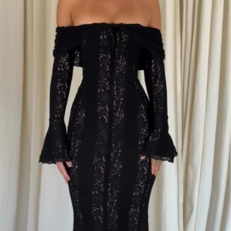 Women’s Lace Hollow Out Strapless Gown – Elegant Off Shoulder Backless Maxi Dress for Party & Evening Events