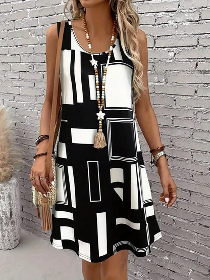 Women’s Geometric Pattern Midi Dress – Sleeveless Casual Summer Dress