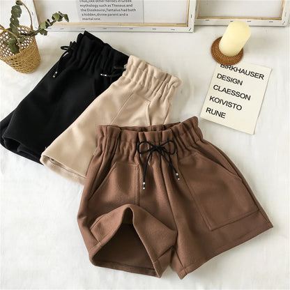 Women’s Woolen Shorts Bottom – High Waist Retro Elegant Solid Loose Fit Winter Streetwear