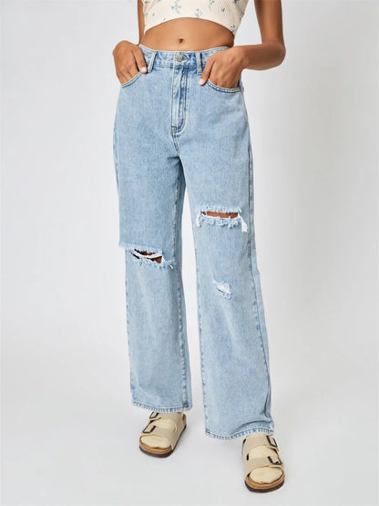 Women’s Ripped Denim Bottom – High Waist Distressed Hole Jeans, Vintage Straight Ankle-Length Pants