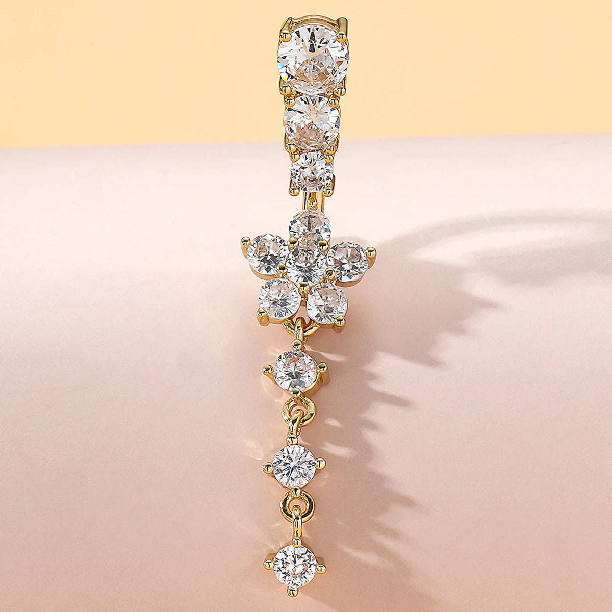 Women’s Gold Stainless Steel Belly Button – Long Dangle Flower CZ Crystal Navel Piercing Jewelry