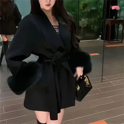 Women’s Grey Tie-Waist Woolen Cape Outerwear – Elegant Autumn Winter Coat