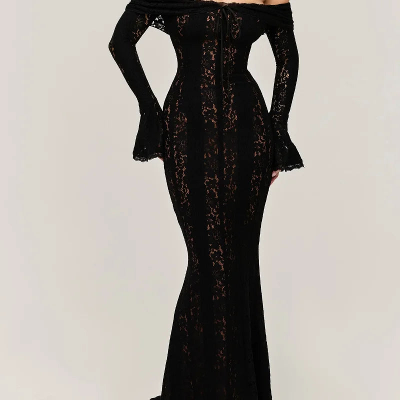 Women’s Lace Hollow Out Strapless Gown – Elegant Off Shoulder Backless Maxi Dress for Party & Evening Events