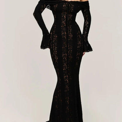 Women’s Lace Hollow Out Strapless Gown – Elegant Off Shoulder Backless Maxi Dress for Party & Evening Events