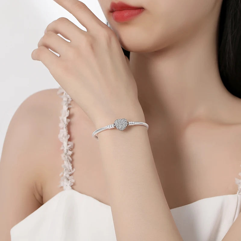 Women’s 925 Sterling Silver Bracelet – Rose Gold Snake Chain with Heart Charm Beads Jewelry