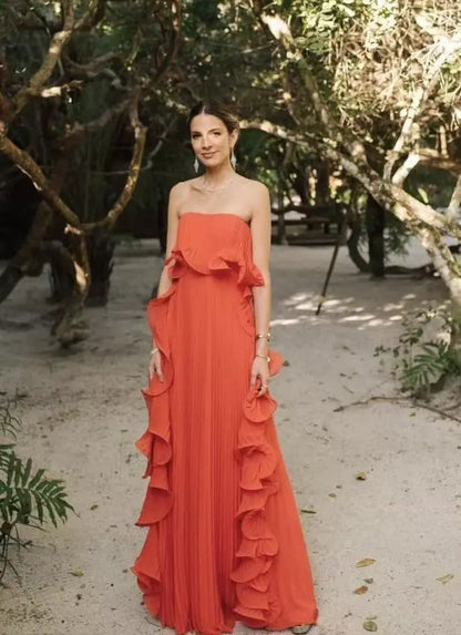 Women’s Strapless Pleated Dress – Elegant Ruffled Maxi Dress for Summer & Formal Events