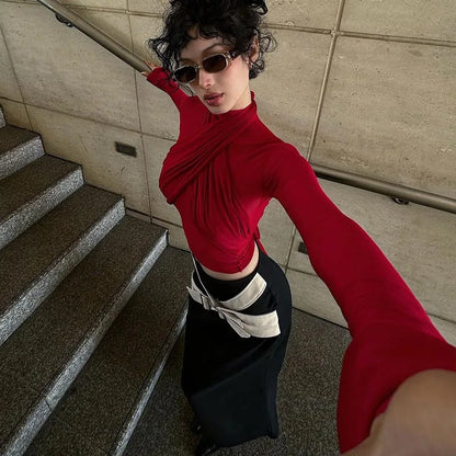 Women’s Red Turtleneck Bandage Crop Top | Sexy See-Through Streetwear Club Fashion Top