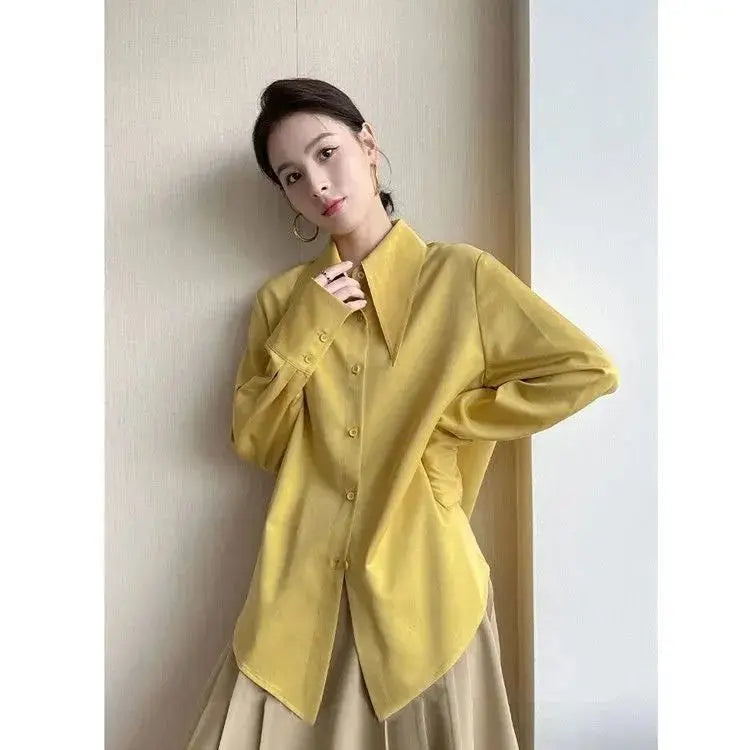 Women’s Career Loose Shirt Top | Pointed Collar Solid Long Sleeve French Office Blouse