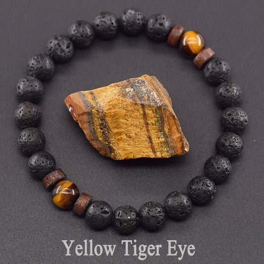 Men’s Tiger Eye & Lava Stone Bead Bracelet – Tibetan Buddha Elastic Wristband Jewelry