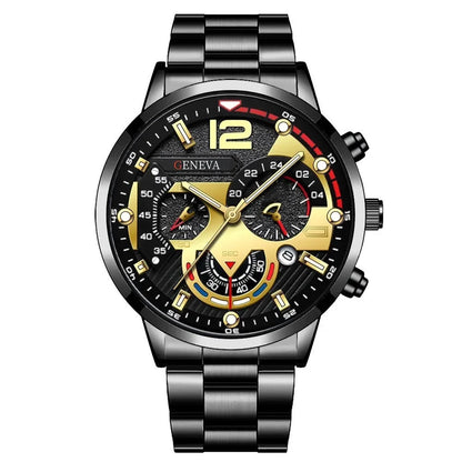 Men’s Luxury Quartz Watch Gift Jewelry Set – Gold Roman Calendar Wristwatch with Cross Necklace, Bracelet & Ring