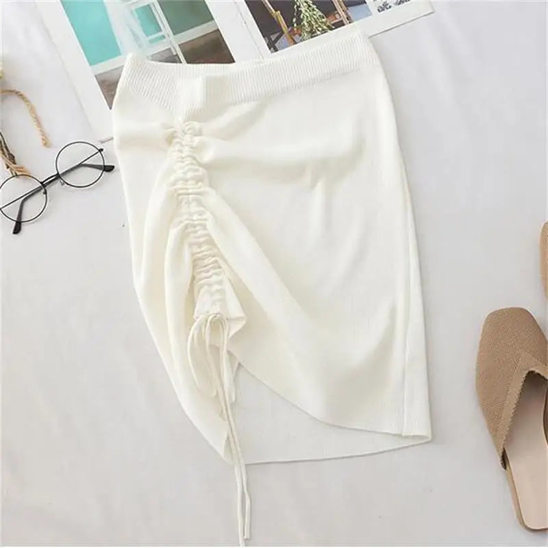 Women’s High Waist Knitted Mini Skirt – Stretch Side Drawstring Slim Fit Clubwear Bottom