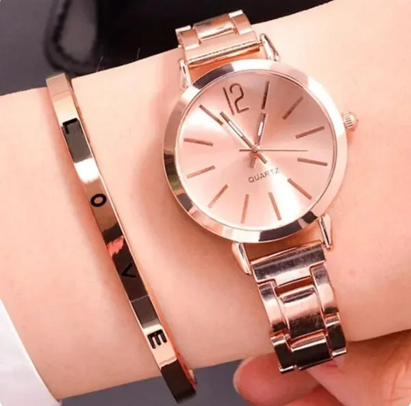 Women’s Elegant Steel Strap Watch & Love Bracelet Jewelry Set – 2PCS Collection
