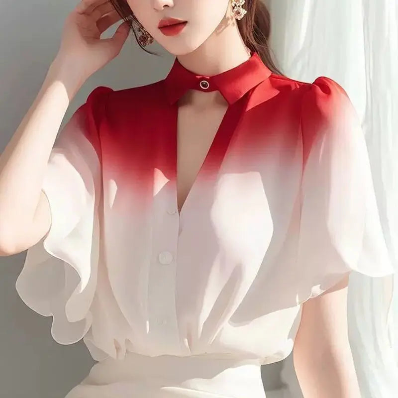 Women’s Gradient Chiffon Top | Loose Summer Blouse | Elegant Lightweight Fashion Shirt