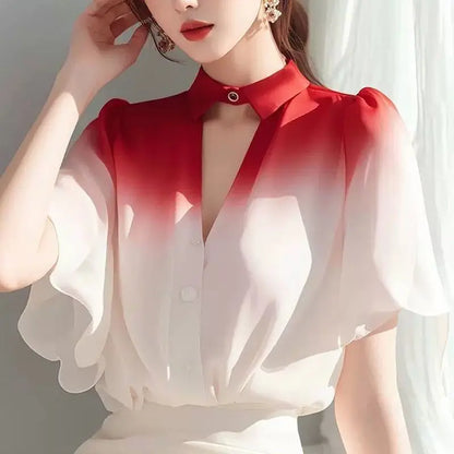 Women’s Gradient Chiffon Top | Loose Summer Blouse | Elegant Lightweight Fashion Shirt