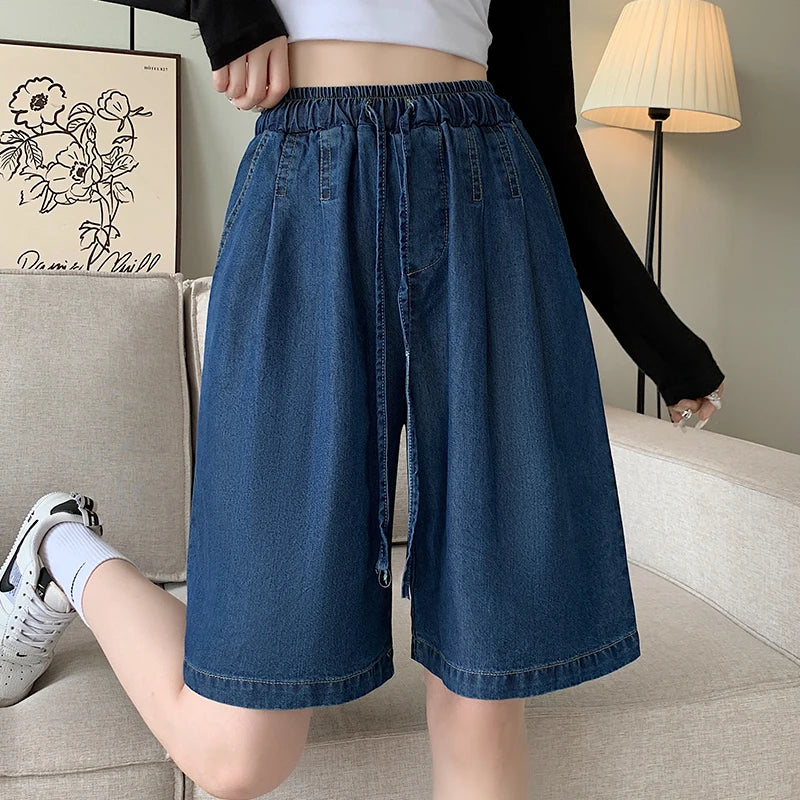 Women’s Denim Bermuda Bottom – High Waist Lace-Up Loose Wide Leg for Spring Summer