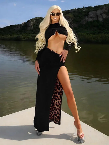 Women’s Elegant High-Slit Two-Piece Maxi Dress | Sexy Long Evening Party Set
