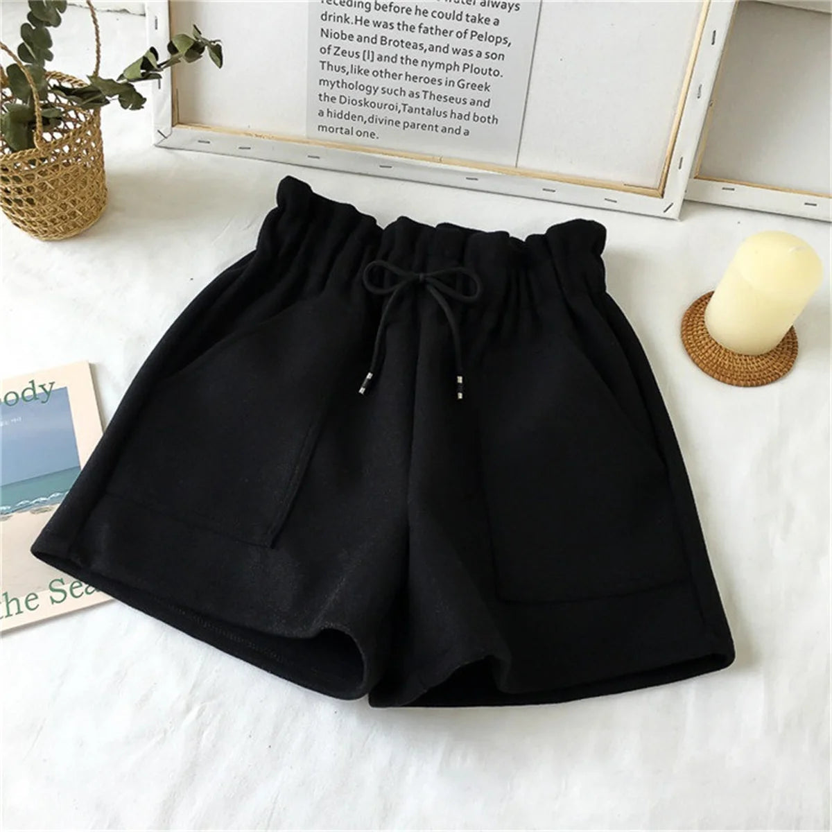 Women’s Woolen Shorts Bottom – High Waist Retro Elegant Solid Loose Fit Winter Streetwear