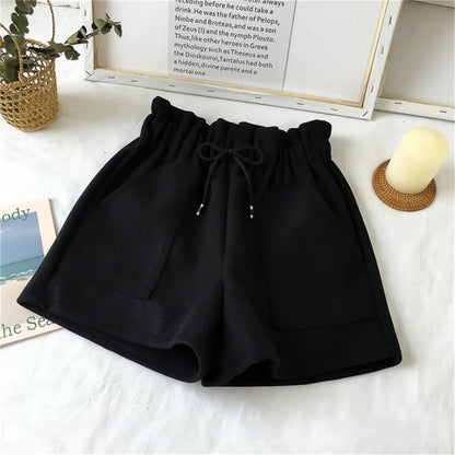 Women’s Woolen Shorts Bottom – High Waist Retro Elegant Solid Loose Fit Winter Streetwear