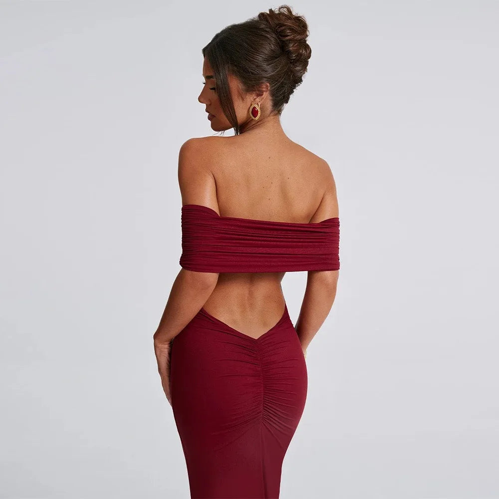 Women’s Off-Shoulder Backless Dress – Elegant Pleated High Slit Evening Party Dress