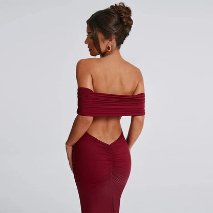 Women’s Off-Shoulder Backless Dress – Elegant Pleated High Slit Evening Party Dress